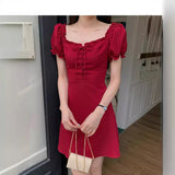 KYLETHOMASW  -  Women's Cleanfit A-Line Dress Summer 2025 Orange Bells Design Slimming Waist Square Collar Bubble Sleeve Fashionable Dress