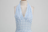 KYLETHOMASW  -  New Hepburn Vintage Blue and White Plaid Holiday Women Summer Dresses Sexy Halter High Waist Fit and Flare Rockabilly Dress