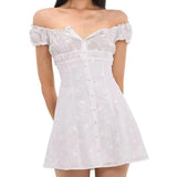 KYLETHOMASW  -  CHIC White Embroidery Lace Open Buttons Slash Shoulder Mini Dress Women Short Sleeve Slim Waist Dresses Holiday Robe Femme
