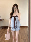 KYLETHOMASW  -  Summer Sweet Korean Style Polka Dot Halter Neck Short Skirt Set Women's Fashion Ensemble High Waist  Knot Design