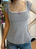 KYLETHOMASW  -  Summer Y2k Slim Sexy Square Collar Patchwork Appliques Casual Knitted T-Shirts
