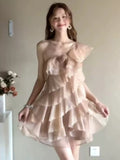 KYLETHOMASW  -  French Vintage Elegant Off Shoulder Cake Dress Women Summer Y2k Chic Birthday Party Mini Dress Japanese Fashion Casual Outfits