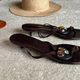 KYLETHOMASW  -  Summer New Women's Brown Flip Flops Square Toe Kitten Heel Rhinestone Inlaid Retro Casual Ladies Beach Outdoor Slippers