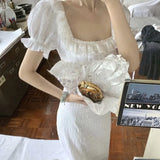 KYLETHOMASW  -  Fairy Beach Dress Women Lace Square Collar Belt Waist Slim Fit Folds Long Dresses Summer Puff Sleeve Elegant Vestidos