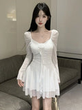 KYLETHOMASW  -  Woman Dress Sweet Sexy Flowers Long Sleeve Elegant Slim Mesh Patchwork Ruched Ruffles Party Mini Dresses Ladies
