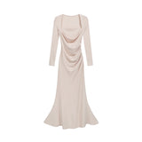 KYLETHOMASW  -  French Vintage Women Beige Elegant Square Neck Fishtail Evening Party Dresses Autumn Long Sleeve Vacation Pleated Wrap Hip Dress