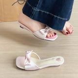 KYLETHOMASW  -  Summer Plaid Satin Bow Knot Women Slippers Concise Square Toe Lightweight Slip On Slides Outdoor Daily Walking Vacation Shoes