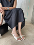 KYLETHOMASW  -  Women White Bowknot Slingback Sandals Summer Square Open Toe Low Heel PU Leather Elegant Casual Office Ladies Shoes