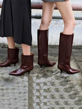 KYLETHOMASW  -  Burgundy Patent Leather High-Top Long Boots For Women Wine Red Pointed Toe Slip On Botas Largas De Mujer Kitten Low Heels Mature