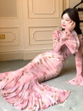 KIylethomasw Women Mermaid Flare Sleeve Long Dresses Spring Summer Elegant Vintage Sexy Bodycon Pink Print Evening Club Vestidos Robe