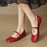 KYLETHOMASW  -  Women's Bow Square Toe Mary Jane Flat Shoes Genuine Soft Leather Low Heel Soft Sole Silver Spring Summer New Style