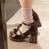KYLETHOMASW  -  Sweet Girls Lolita High Heels Platform Shoes ,Young Women Students Cute Chocolate Candy Bowknots Ankle Strap Mary Janes