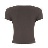 KYLETHOMASW  -  Folds V-neck Top Brown Vintage Slimming Button Short Sleeve T-shirt Casual Basic Streetwear Elegant Cargo Tops Summer