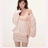 KYLETHOMASW  -  Blush Pink Two Piece Outfit Off Shoulder Cowl Neck Ribbed Knit Mini Dress with Sequin Cami Top Layered Co-ord Set Sweet Sexy Hot