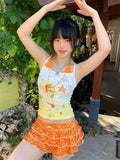 KYLETHOMASW  -  New Japanese Summer Orange Soda Print Strap Neck Sling Vest Vacation Style Splicing Fake Two-piece Top For Women