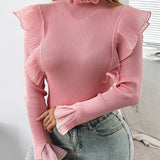 Kylethomasw Autumn Lace Splicing Long Sleeve Slim Knitted Tops New Female Solid Color Ruffles Pullover Fashion Commute Temperament Wool Tops