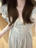 KYLETHOMASW  -  French Retro Fairy Style Small Flying Sleeves Summer New Korean Temperament Lace Bow Blue Forest Style Dress Women