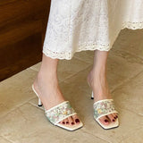 KYLETHOMASW  -  Fashion Flower Women Thin Heels Slides Sandals Shoes Square Toe Sexy Ladies High Heels Shoes Slip On Female Sandals Pumps