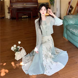 KYLETHOMASW  -  Women's Chinese Style 2-Piece Floral Dress Set Sheer Cardigan Maxi Dress