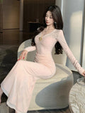 KYLETHOMASW  -  Spring Autumn Luxury Long Sleeve Maxi Mermaid Dress Women Romantic Lace Bodycon Robe Evening Gown Mujer Lady Vestidos Fiesta New