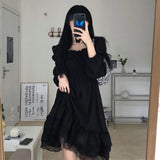 Kylethomasw 2024 Spring New Ruffles Lace Black Dresses Elegant Square Collar Dress for Women Y2k E-Girl Long Sleeve Loose Vestidos Mujer