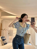 KYLETHOMASW  -  Blue Embroidered Shirts Lapel Sweet Temperament Blouses Vintage Y2k Clothing New Korean Fashion Blusa Mujer Moda