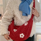 KYLETHOMASW  -  Korean Fluffy Sweet Floral Underarm Bag Y2k Lamb Wool Shopping Handbags Women New All Match Streetwear Travel Shoulder Bags