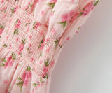 KYLETHOMASW  -  Sexy Pink Floral Print Elastic Slash Shoulder Dress Folded Elastic Waist Swing A-line Short Tank Robe Holiday Femme Vestidos
