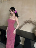 KYLETHOMASW  -  Rose Red Hollow Lace Suspender Dress for Women in Summer Sexy Waist-hugging Skirt