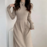 Kylethomasw Autumn/Winter British Style Celebrity Knitted Dress Solid Half High Neck Slim Fit Inner Matching Coat Pleated Long Dress