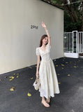 KYLETHOMASW  -  Women Summer Vintage Sweet Chic High Waist Elegant Party Dresses Fairy Solid Short Sleeve Slim Lace-up Beach Maxi Dress Vestidos