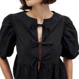 KYLETHOMASW  -  Pure Cotton Lace Up Round Neck Loose Short Sleeved Summer New Item Bubble Sleeve Pleated Cardigan Top for Women