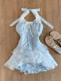 KYLETHOMASW  -  French Sweet Elegant 2 Piece Set Y2k Women Polka Dot Bow Halter Tops + Mini Skirt Female Sexy Cute Lace Party Outfits New Summer