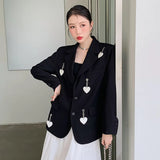 Kylethomasw Fashion Solid Blazer Women Jacket Loose Casual Pockets Female Heart Chain Loose Long Sleeve Work Suit Coat Office Lady Blazers