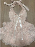 KYLETHOMASW  -  Women Sweet Mini Dress Halter Neck Polka Dot Ruffle Bow Lace Trim Slim Fit Suit Kawaii Lolita Style Summer Cute Girl Outfit 2025