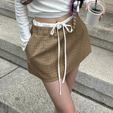 KYLETHOMASW  -  Vintage Plaid Mini Shorts Skirt Contrast Color Drawstring High Waist Skirts with Shorts Korean College Style Bottoms