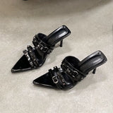 KYLETHOMASW  -  Fashion Pointed Toe Ladies Heels Pumps Slides Shoes New In Spring Summer Female Slip On Footwear Rivet Women High Heels Shoes