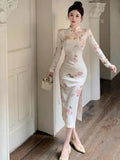 KYLETHOMASW  -  Vintage Dresses Women Floral Printed Stand Collar Long Sleeve Hollow Out Slim Split Elegant Dress Ladies Stylish