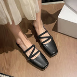 KYLETHOMASW  -  Womenn's genuine leather square toe elastic band slip-on ballet flats cross strap female slim soft comfortable ballerians shoes