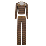 KYLETHOMASW  -  Retro Striped Casual Suits Casual Lace Hanging Neck Collar Vest Long Sleeved Cover Up Shirt Low Waist Straight Leg Pants 트위드 투피스