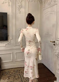 KYLETHOMASW  -  Vintage Dresses Women Floral Printed Stand Collar Long Sleeve Hollow Out Slim Split Elegant Dress Ladies Stylish