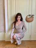 KYLETHOMASW  -  Autumn Winter French Casual Long Sleeve Women Solid Split Package Hip Dress Elegant chic Slim V-neck Ladies Skinny Bodycon Dress
