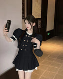 KYLETHOMASW  -  Socialite High end Black Two Piece Set Women Outfits Summer Short Slim Lace Bubble Sleeve Top High Waist Pleated Skir
