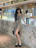 KYLETHOMASW  -  Women Stylish Vintage Ruffle Lace-up Sexy Slit Fairy Midi Dress Casual Sweet Chic Solid Short Sleeve Slim Party Dresses Vestidos