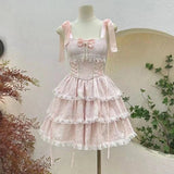 KYLETHOMASW  -  Sweet Lolita Mini Dress Women Kawaii Bow Lace Patchwork Sleeveless Cake Dresses Harajuku Cute Japanese Summer Camisole Dress New
