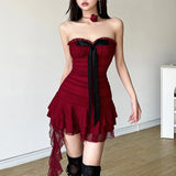 KYLETHOMASW  -  Sexy Milkmaid Tube Dress Red Contrast Color Bow Patchwork Strapless Tiered Ruffle Mini Dresses Holiday Party Cute Robe