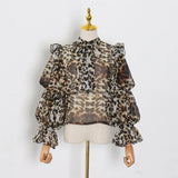 KYLETHOMASW  -  Women Ruffles Shoulder Lantern Sleeve Blouse Pullover Loose Tops Fashion Tie Bow Collar Perspective Shirt