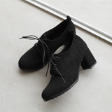 KIylethomasw Spring New 2024 Ladies Retro Pumps Classics Flock Lace Up Office Round Toe Block High Heel Shoes Female Size 33-43 Black Brown