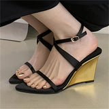 KYLETHOMASW  -  Fashion Design Wedges High Heels Women Sandals Street Style Buckle Strap Pointed Toe Banquet Shoes Summer Pumps