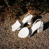 KYLETHOMASW  -  Fashion Asymmetrical Geometric Decor Women Sandals Summer Comfortable Thick High heels White Leather Slingbacks Female Shoes